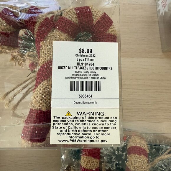 Rustic Burlap Candy Cane Ornaments  Shatterproof Pinecone Bow Accents  24 Total - Picture 3 of 5